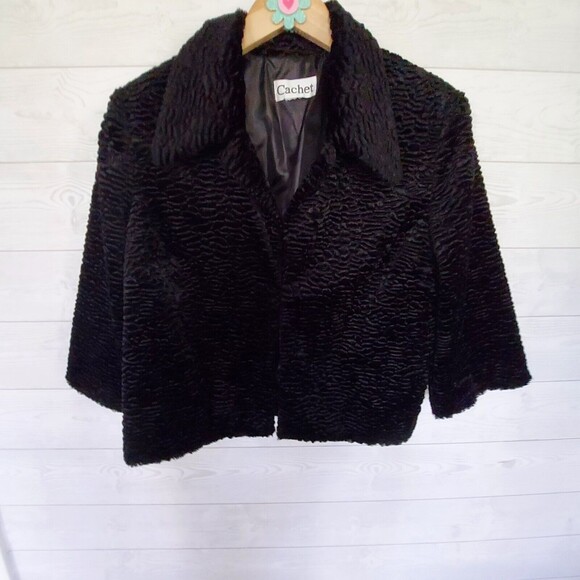 Cachet Black Fur Coat Cropped Jacket Size M/L Evening Retro - Picture 7 of 10